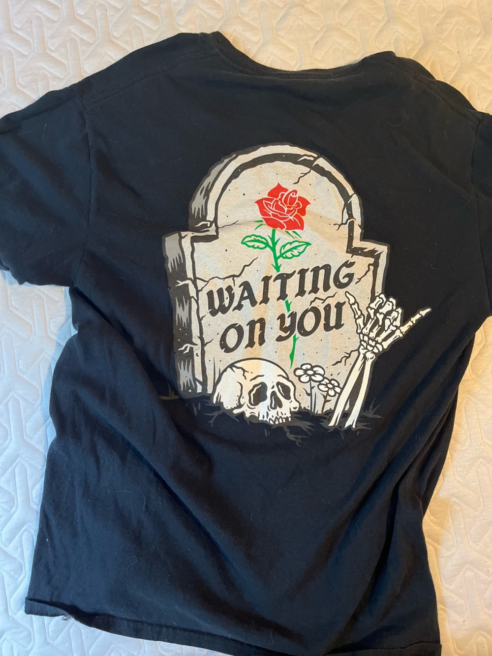 Retrofit Black Short Sleeve Tee with Tombstone and Red Rose Graphic